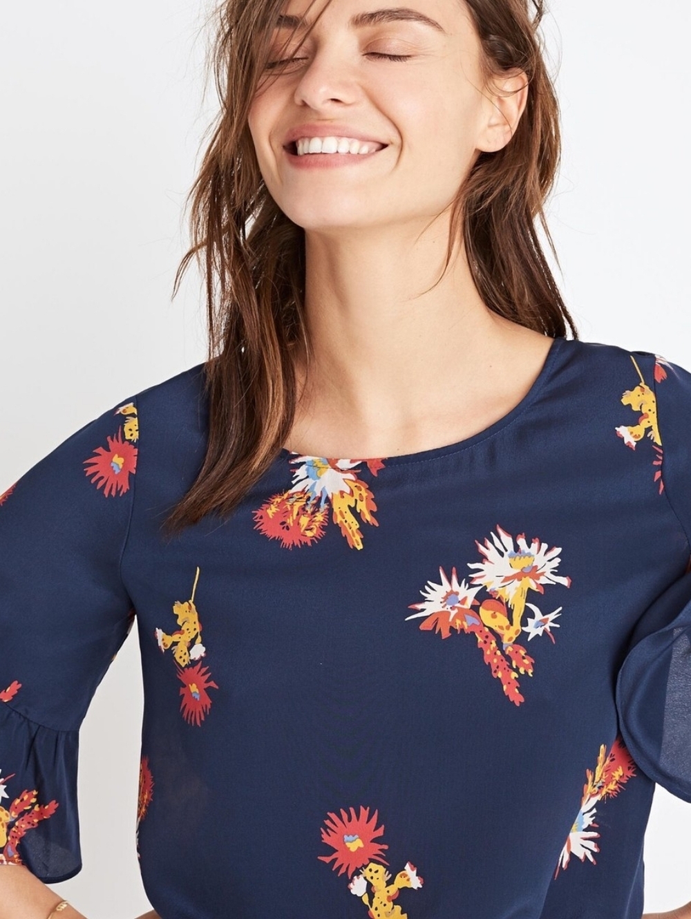 Madewell Silk Ruffle Sleeve Top in Cactus Flower Deep Navy